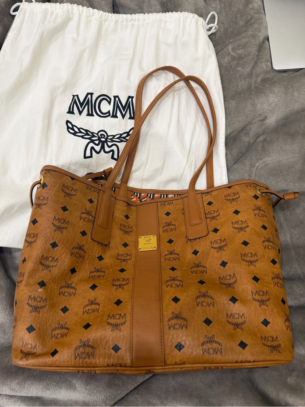 MCM Cognac Logo Visetos Large Tote